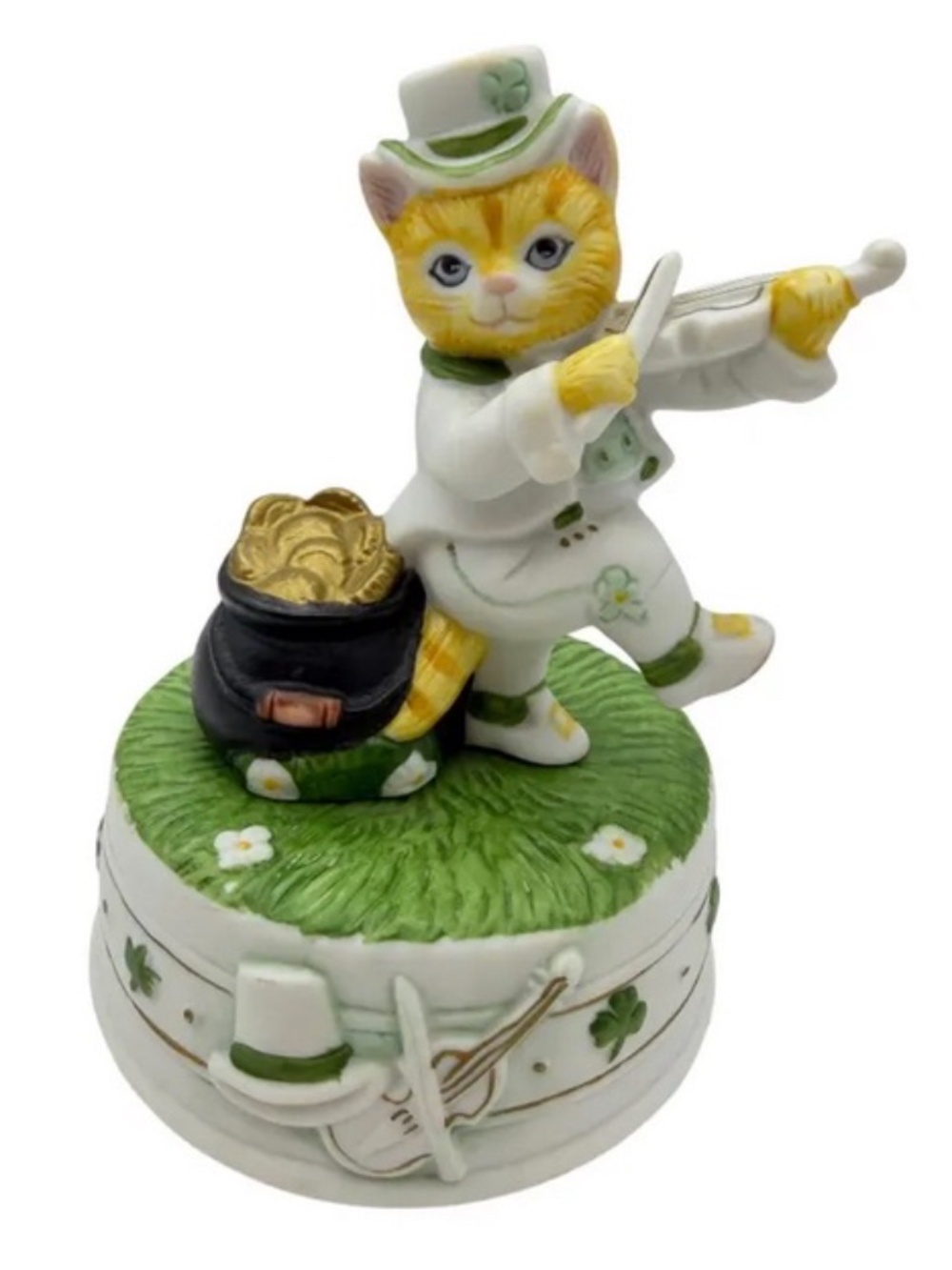 VTG Kitty Cucumber orange Irish Cat Music Box Porcelain Fiddler St Patricks